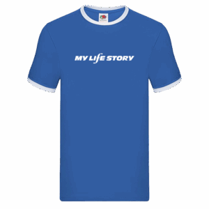 Retro Logo Ringer  Unisex White Print on Royal Blue T-Shirt